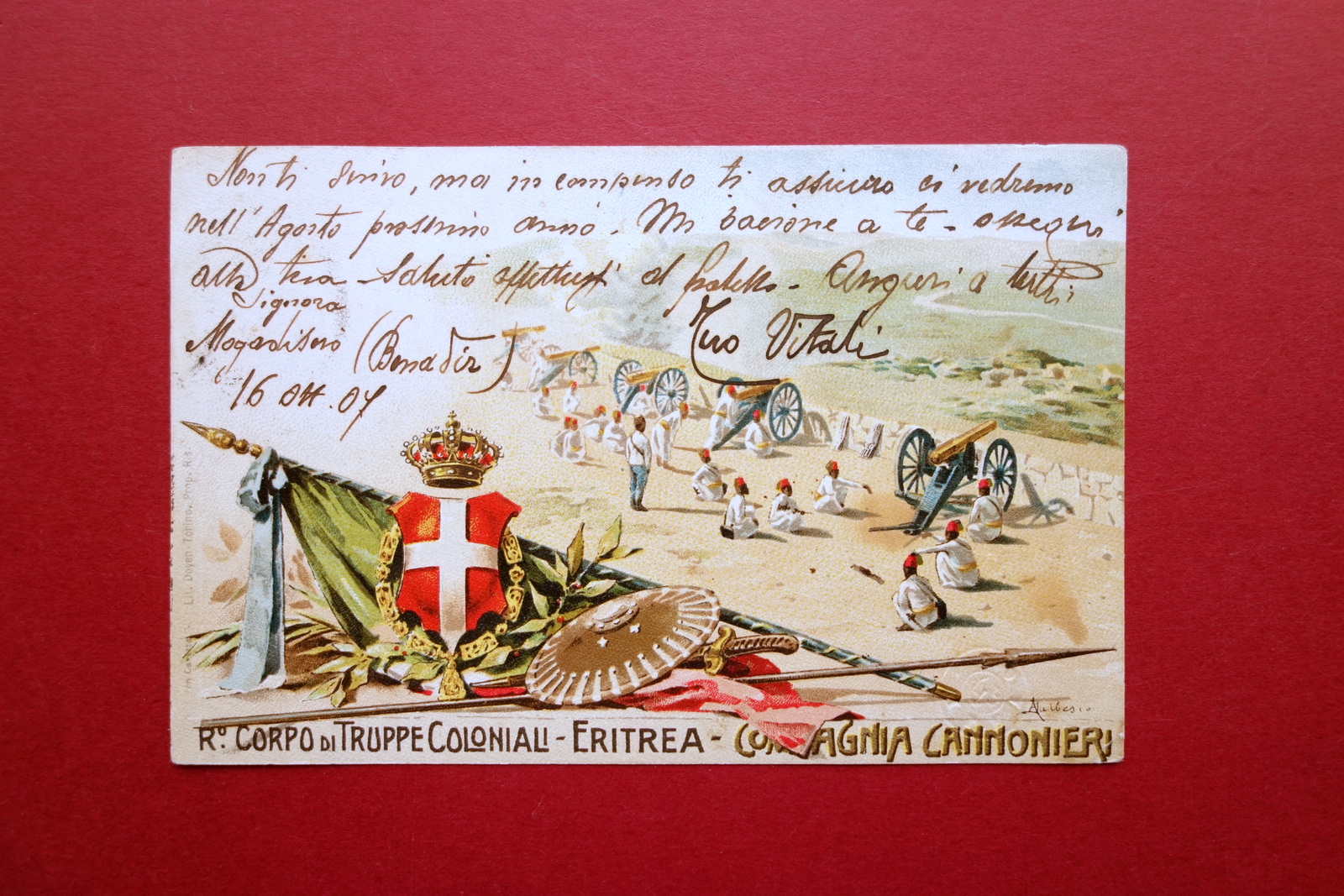 Cartolina Corpo di Truppe Coloniali Eritrea Compagnia Cannonieri 1907 Viaggiata