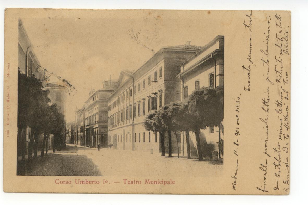 Cartolina Corso Umberto I∞ Teatro Municipale 1902 viaggiata Modena