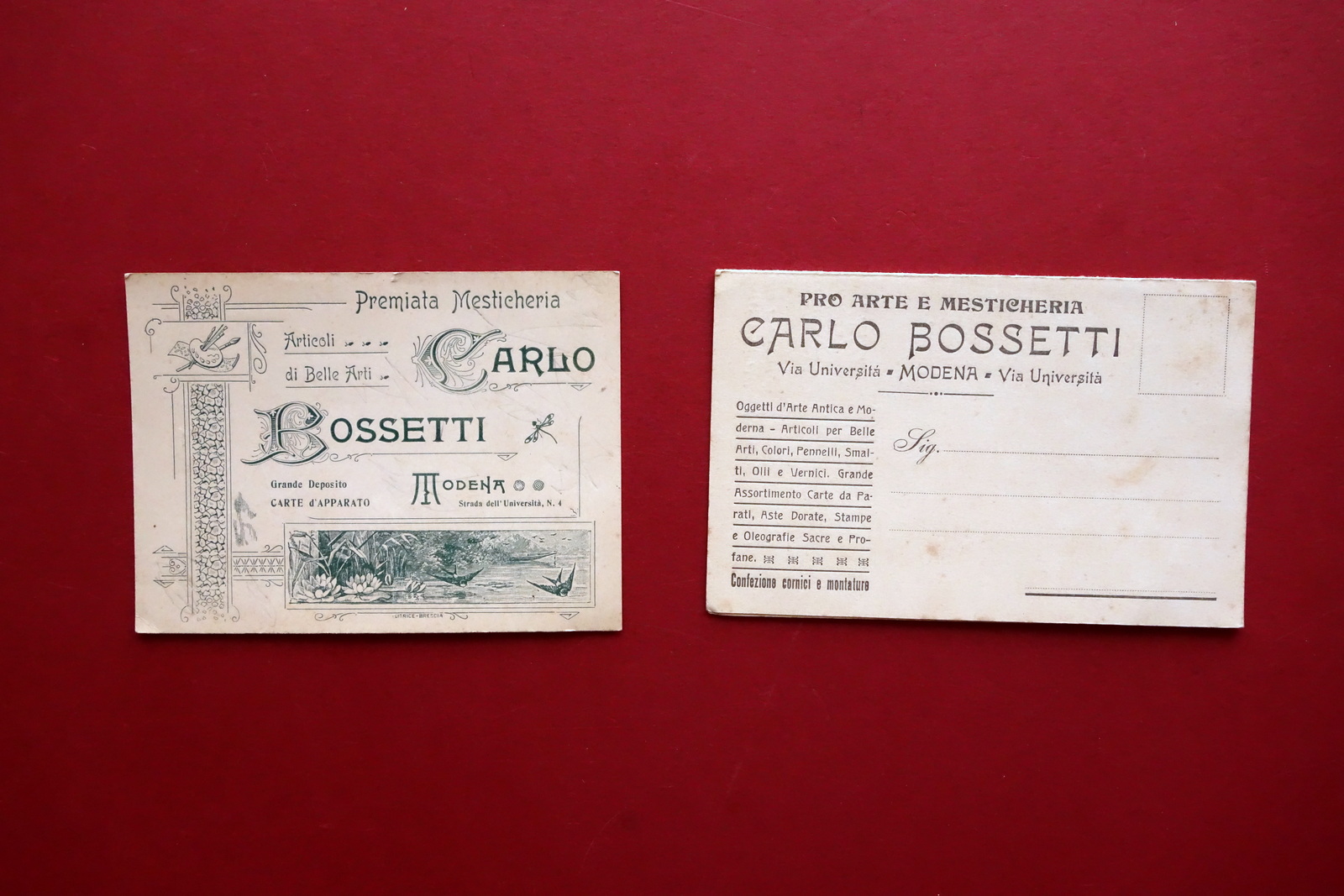 Cartolina e Cartoncino Pubblicitario Carlo Bossetti Modena Articoli Belle Arti