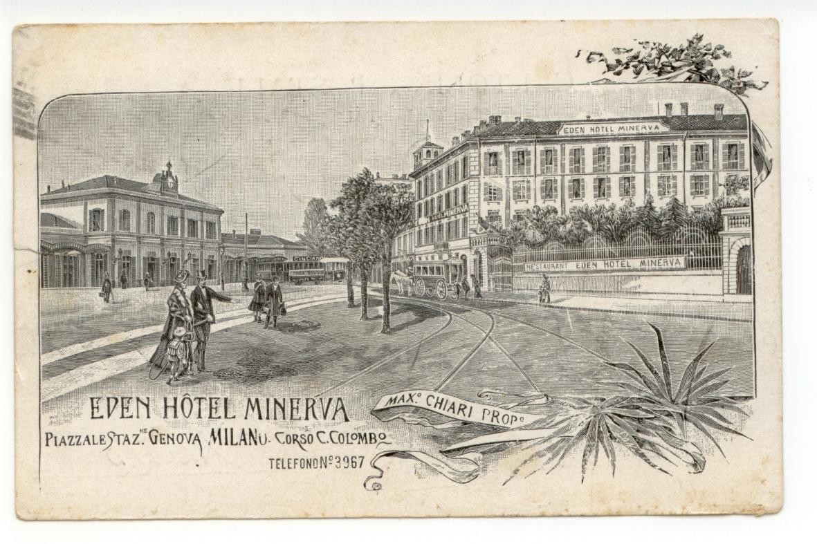 Cartolina Eden Hotel Minerva Piazzale Stazione Genova Milano 1906 viaggiata