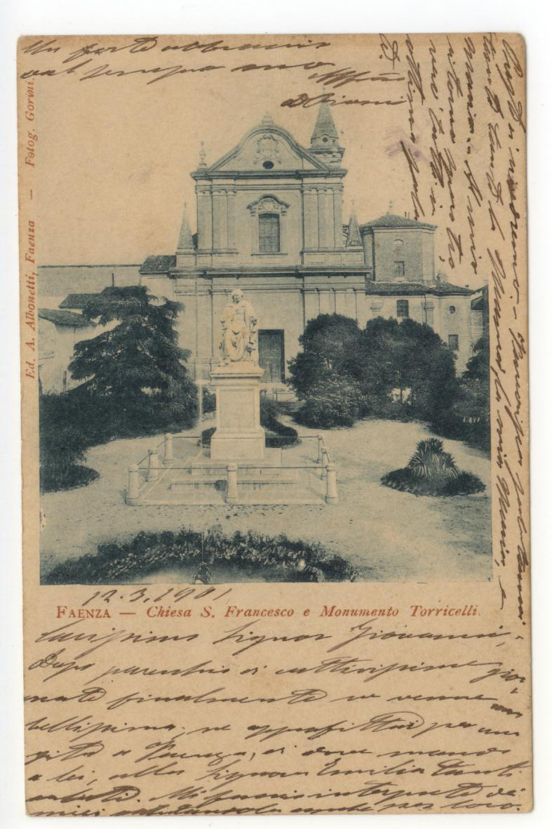 Cartolina Faenza Chiesa S. Francesco e Monumento Torricelli 1901 viaggiata