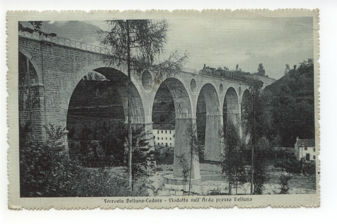 Cartolina Ferrovia Belluno-Cadore Viadotto sull'Ardo Presso viaggiata 1913 treno