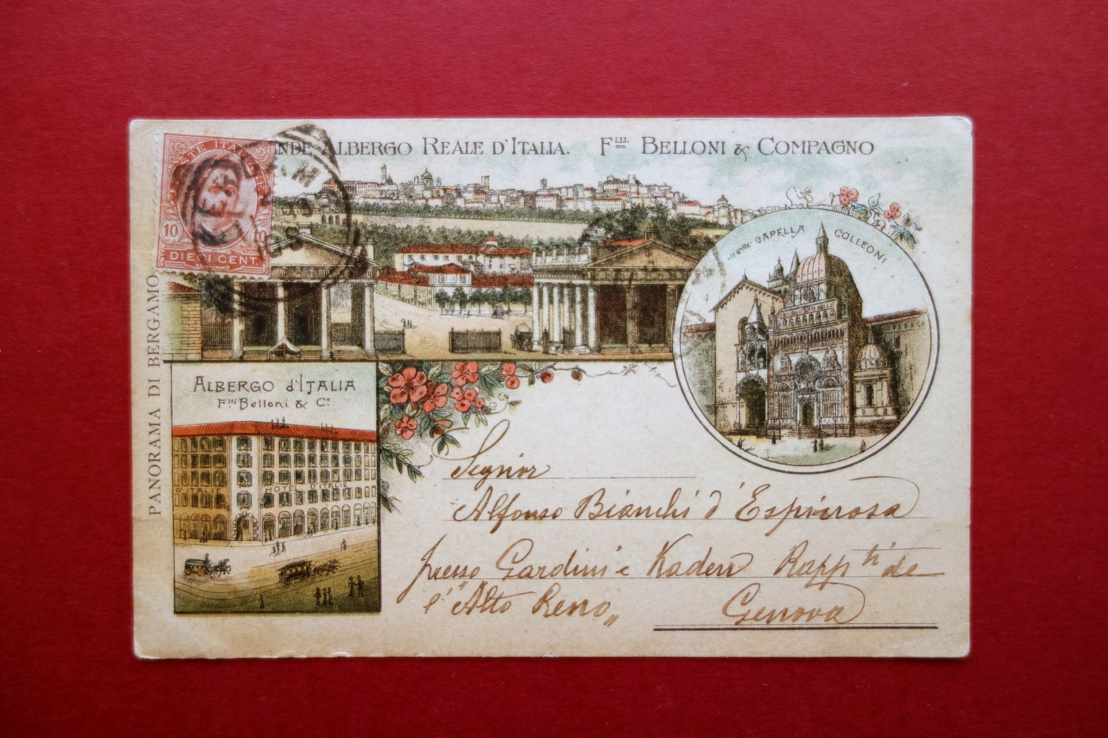 Cartolina Grande Albergo Reale d'Italia Belloni Bergamo Viaggiata 1899 Grafica