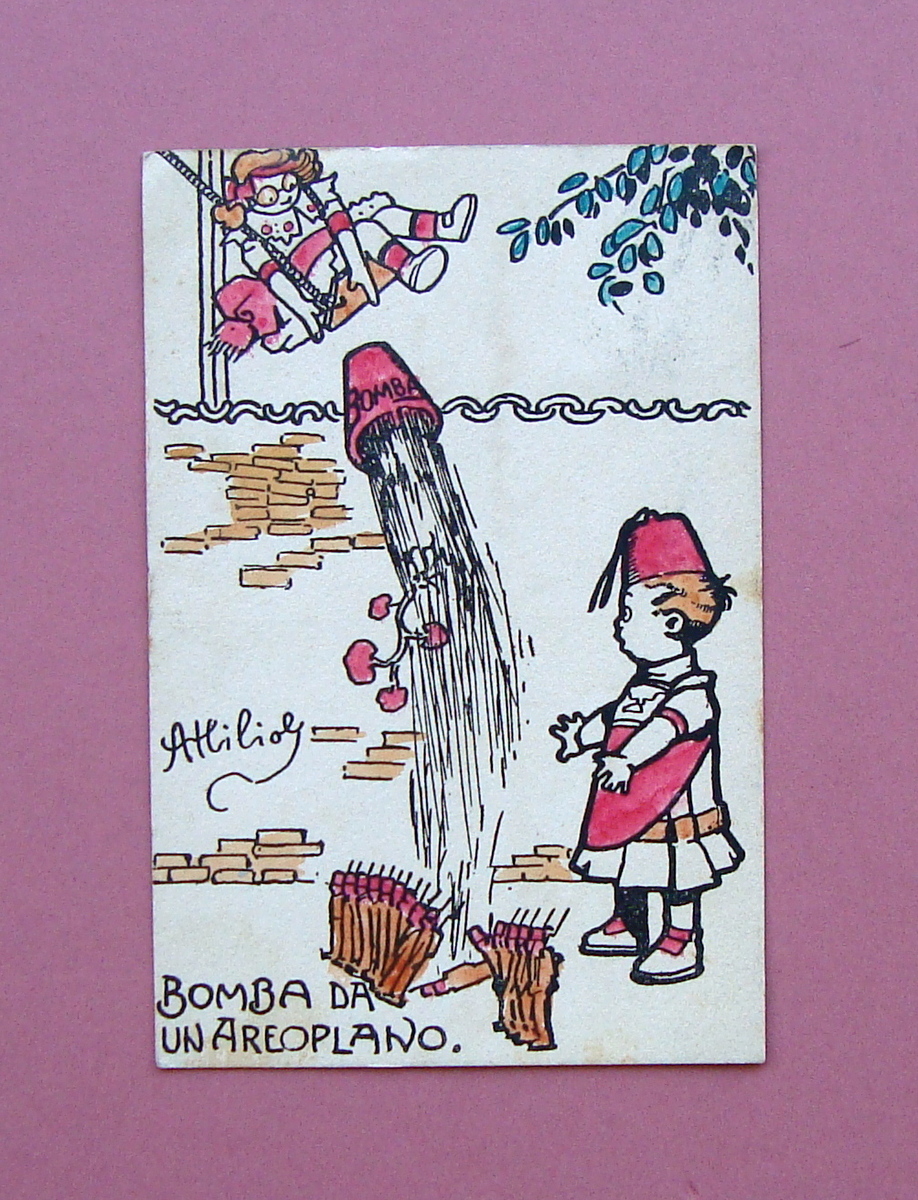 Cartolina Illustrata colori Attilio Mussino viaggiata1915 bomba da aeroplano
