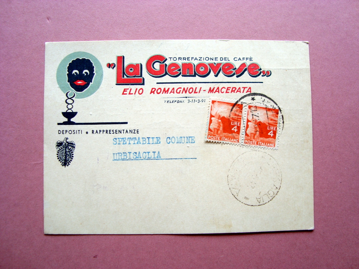 Cartolina La Genovese Caffè Romagnoli Macerata 1947 viaggiata
