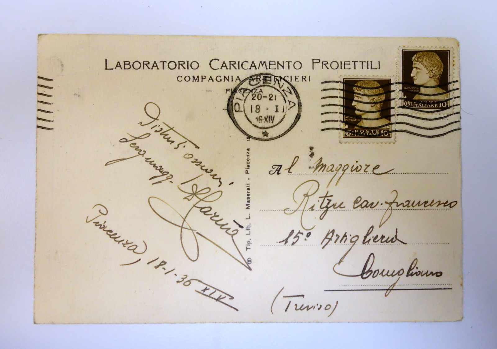 Cartolina Laboratorio Caricamento Proiettili Compagnia Artiglieri viaggiata 1936