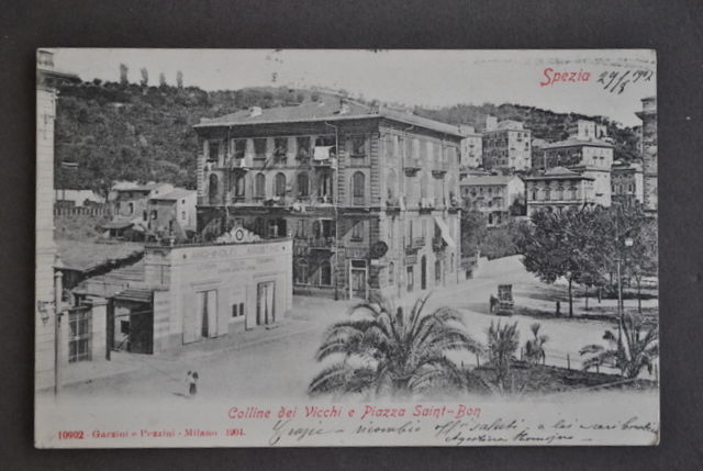Cartolina Liguria Spezia Colline dei Vicchi Piazza Saint Bon 1904