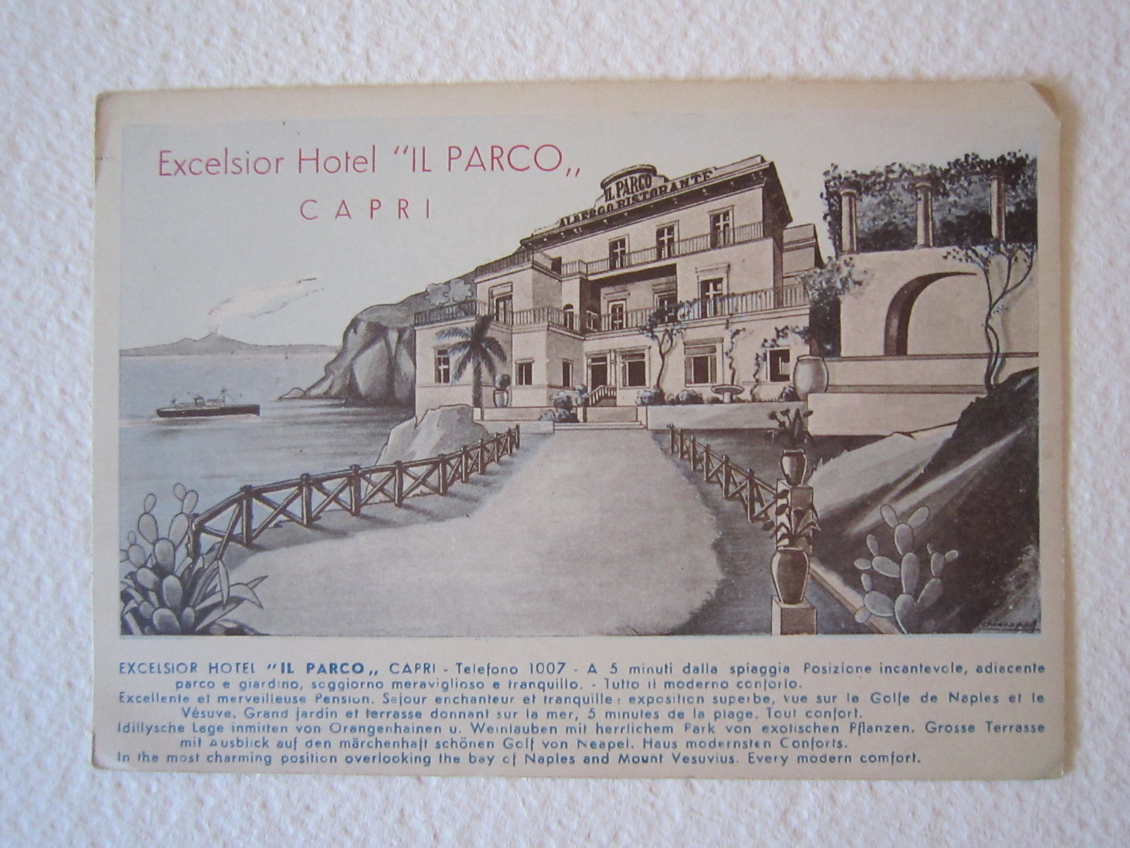 Cartolina Locale anni '40-'50 Capri Campania Napoli Excelsior Hotel Il …