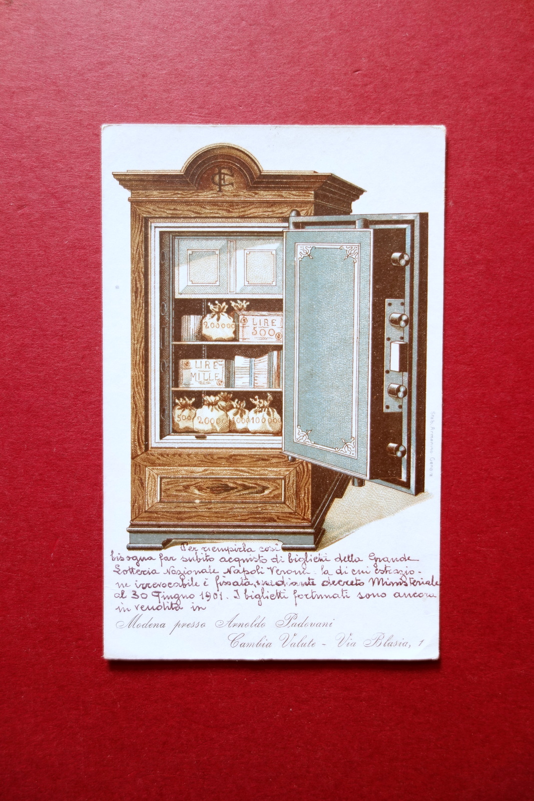 Cartolina Lotteria Nazionale Napoli Verona 1901 A. Padovani Cambiavalute Modena