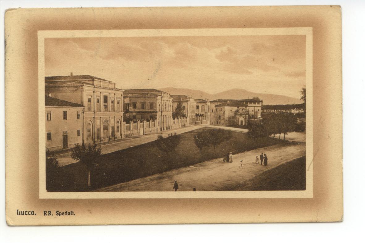 Cartolina Lucca RR. Spedali 1917 viaggiata timbri caserma