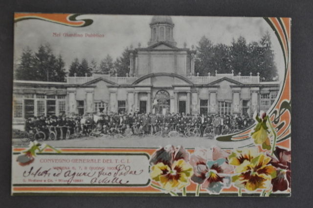 Cartolina Modena Palazzina Vigarani Giardini Pubblici Convegno Touring Bici 1903