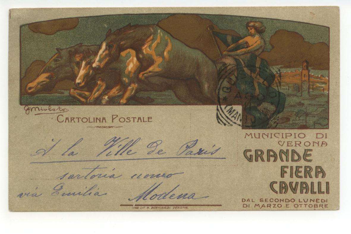 Cartolina Municipio di Verona Grande Fiera Cavalli 1911 viaggiata Miolato