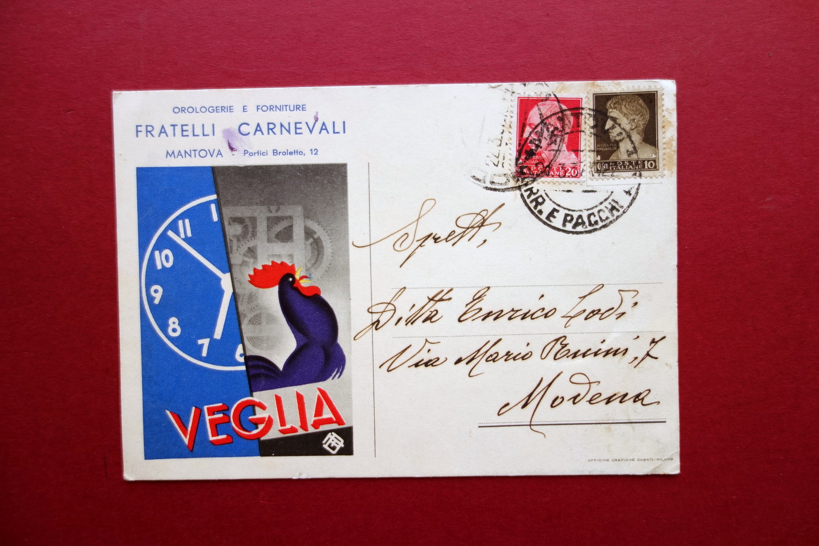 Cartolina Originale Veglia Orologerie Forniture Carnevali Mantova Viaggiata 1937