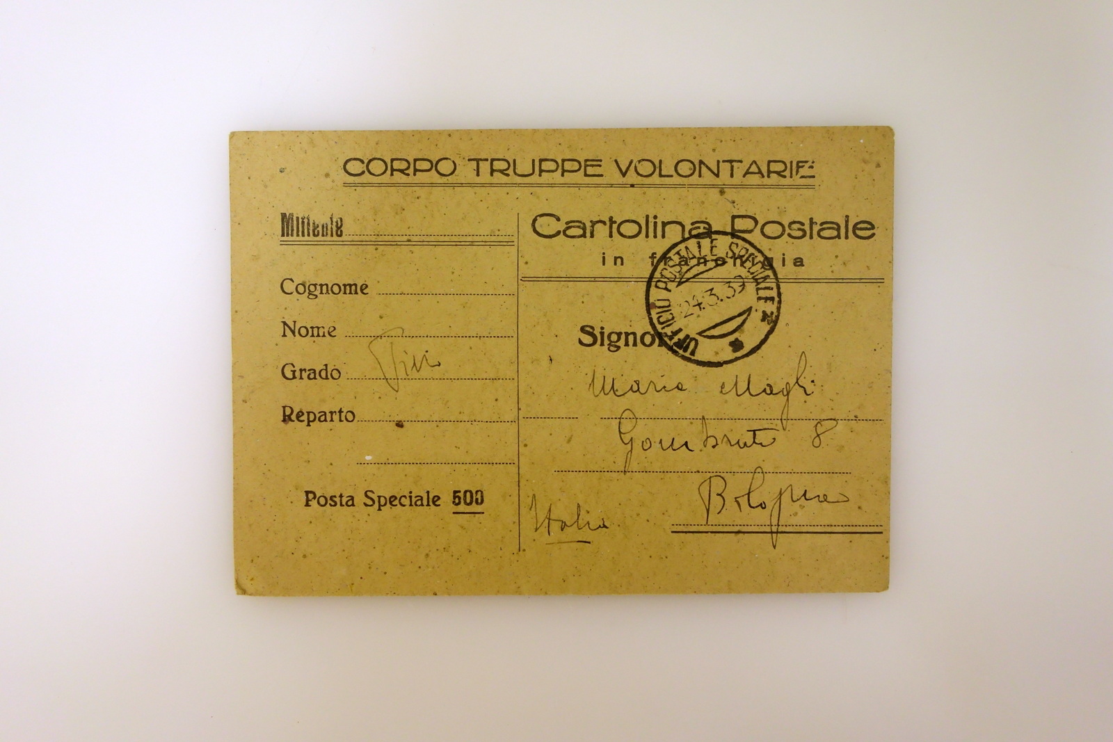 Cartolina Postale Corpo Truppe Volontarie Posta Speciale 500 Spagna 1939