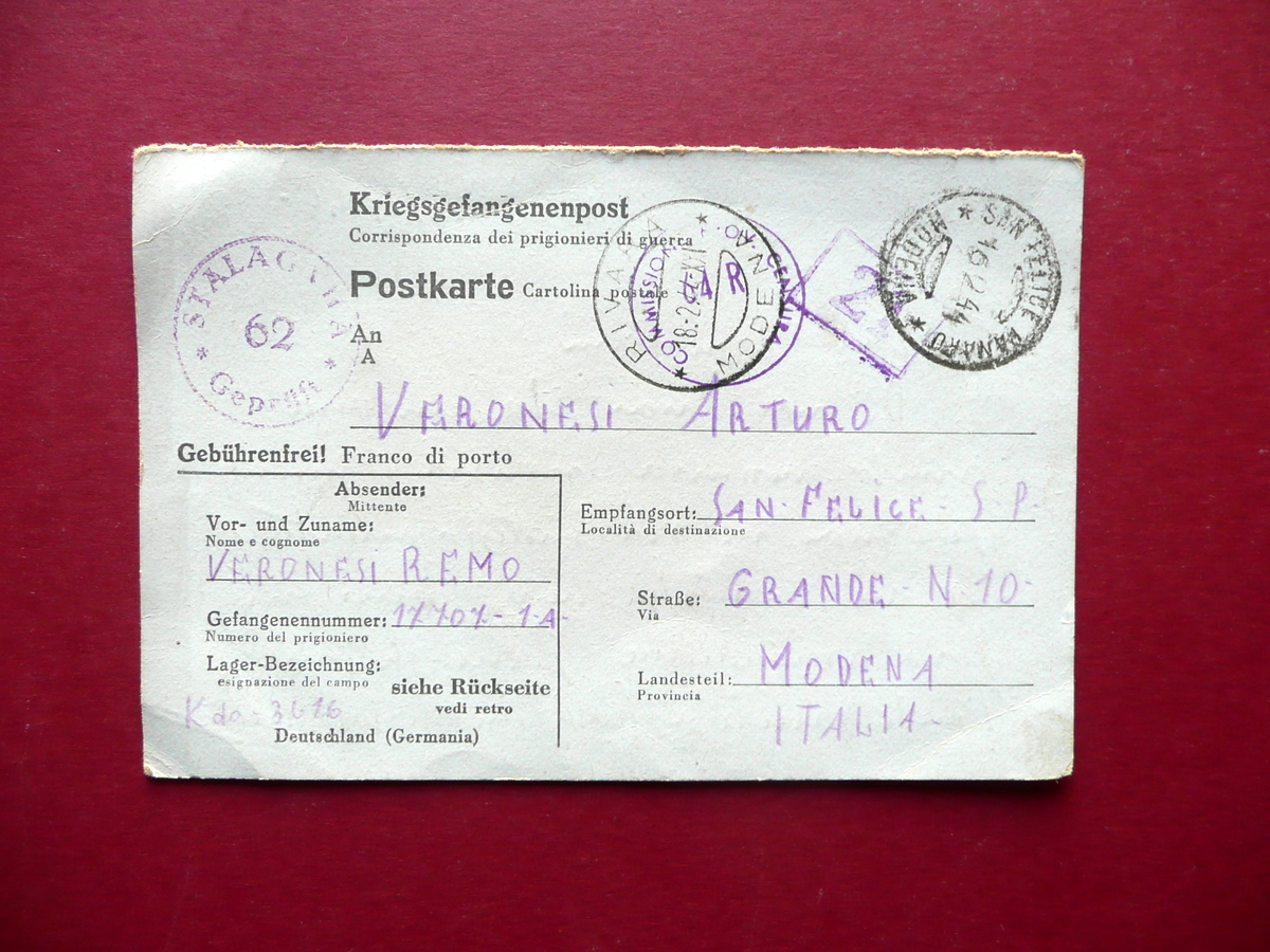 Cartolina Postale Corrispondenza Prigioneri di Guerra Stalagvna 1944 Modena WW2