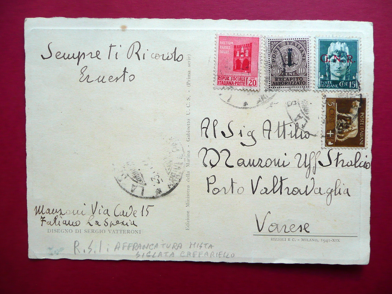 Cartolina Postale RSI Affrancatura Mista Illustrazione Sergio Vatteroni WW2 Rara