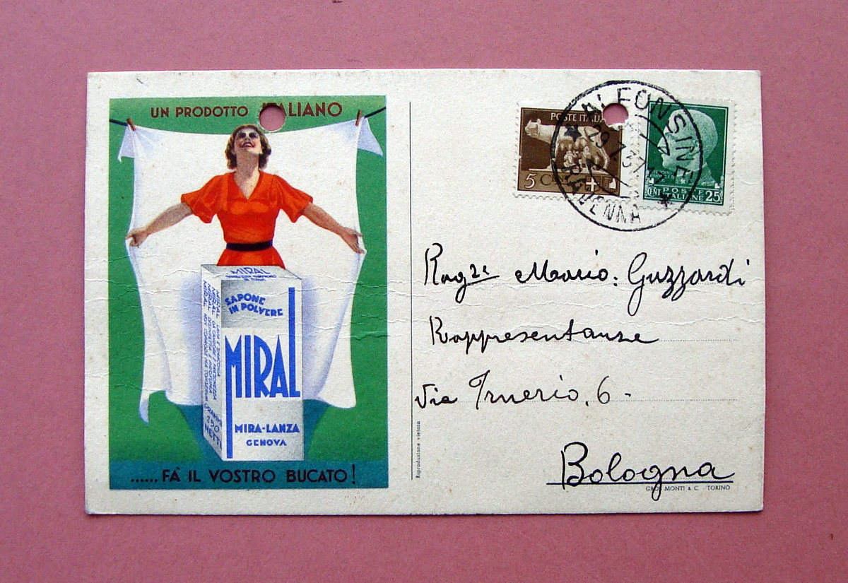 Cartolina Pubblicitaria Miral Mira Lanza Genova viaggiata 1937 prodotto italiano