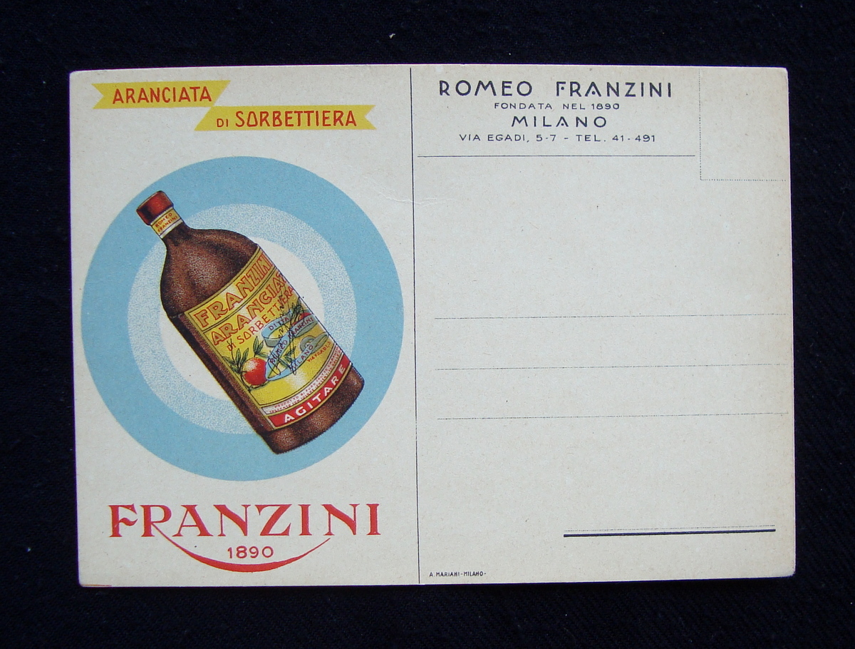 Cartolina Romeo Franzini Milano Liquori Sciroppi Succhi non viaggiata