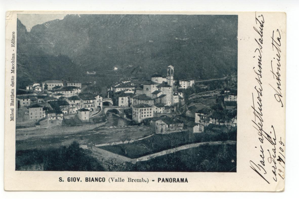 Cartolina S. Giovanni Bianco Panorama 1905 viaggiata Bergamo valle brembana