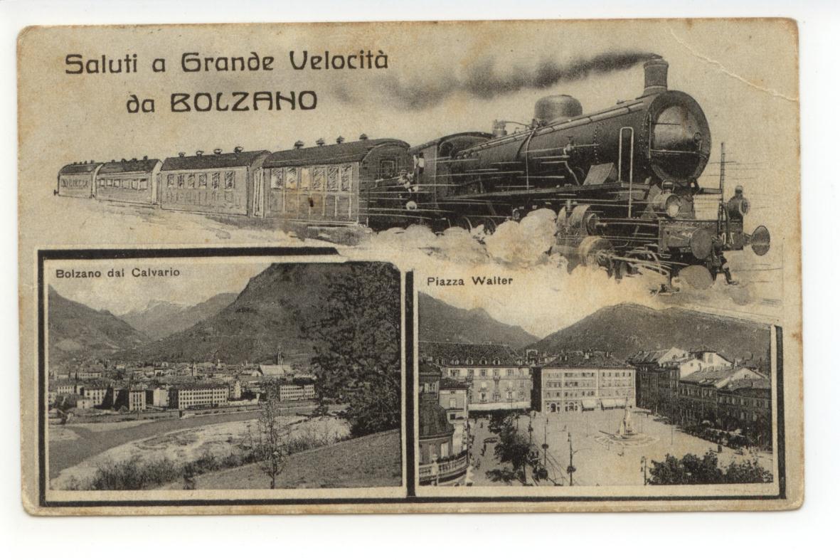 Cartolina Saluti A Grande Velocit‡ da Bolzano 1929 viaggiata treno