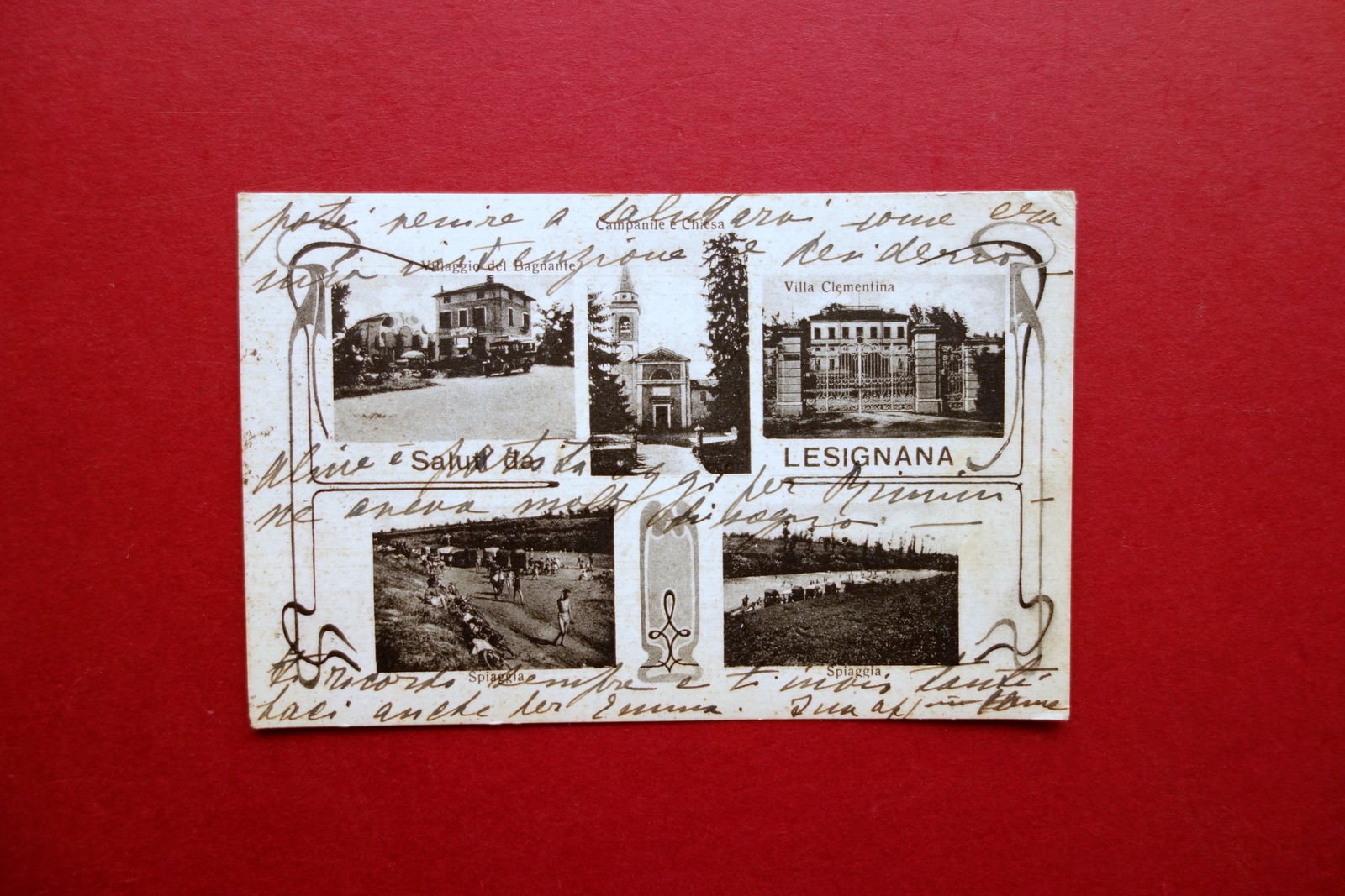 Cartolina Saluti da Lesignana Spiaggia Villa Clementina Chiesa Viaggiata 1934