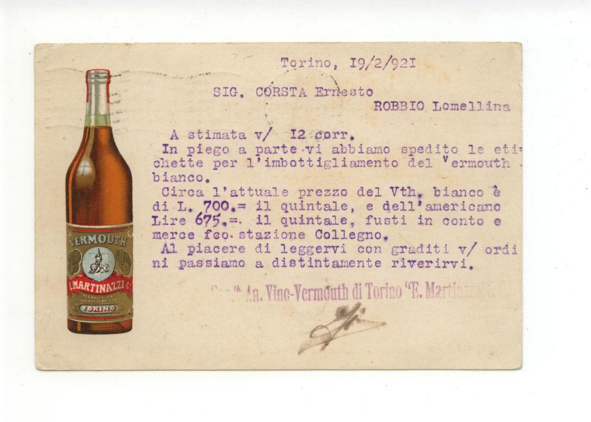 Cartolina Societ‡ Anonima Vino-Vermouth di Torino E. Martinazzi 1921 viaggiata