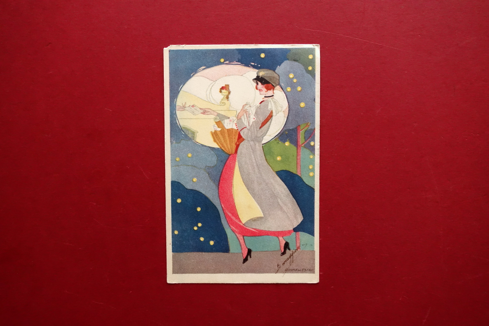 Cartolina Umberto Brunelleschi serie Le Coraggiose Postina Viaggiata 1919