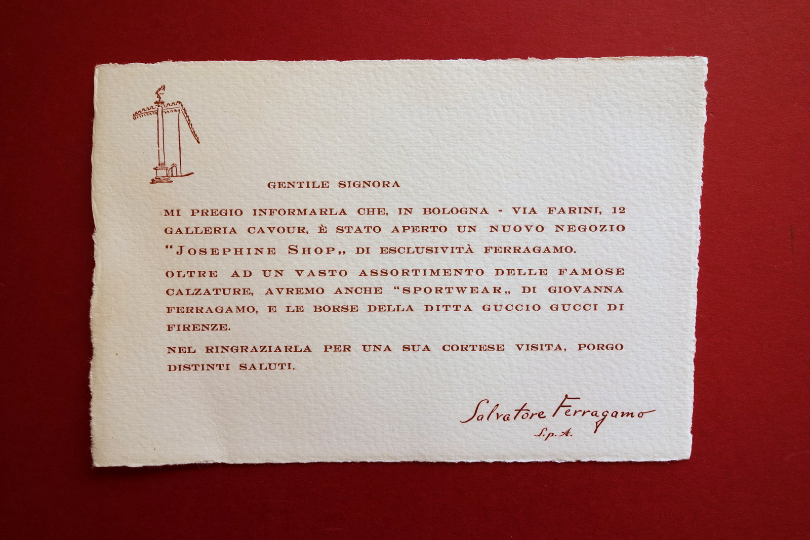 Cartoncino Apertura Negozio Ferragamo Josephine Shop Corso Cavour Bologna Gucci