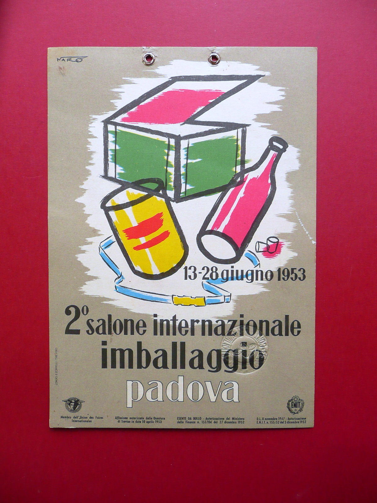 Cartoncino Locandina 2∞ Salone Internazionale Imballaggio Padova 1953 Naro