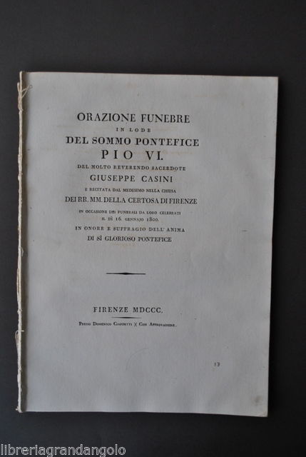 Casini Orazione Funebre Pontefice Pio VI Braschi Cesena Certosa Firenze …