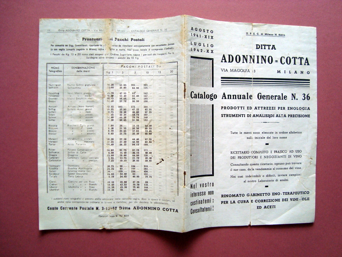 Catalogo Annuale Generale Ditta Adonnino Cotta Enologia Analisi Aceti 1941