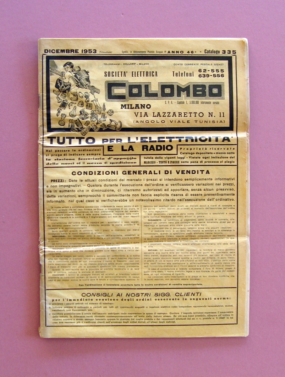 Catalogo Colombo Milano N 335 Dicembre 1953 Elettricit‡ Radio Elettrodomestici