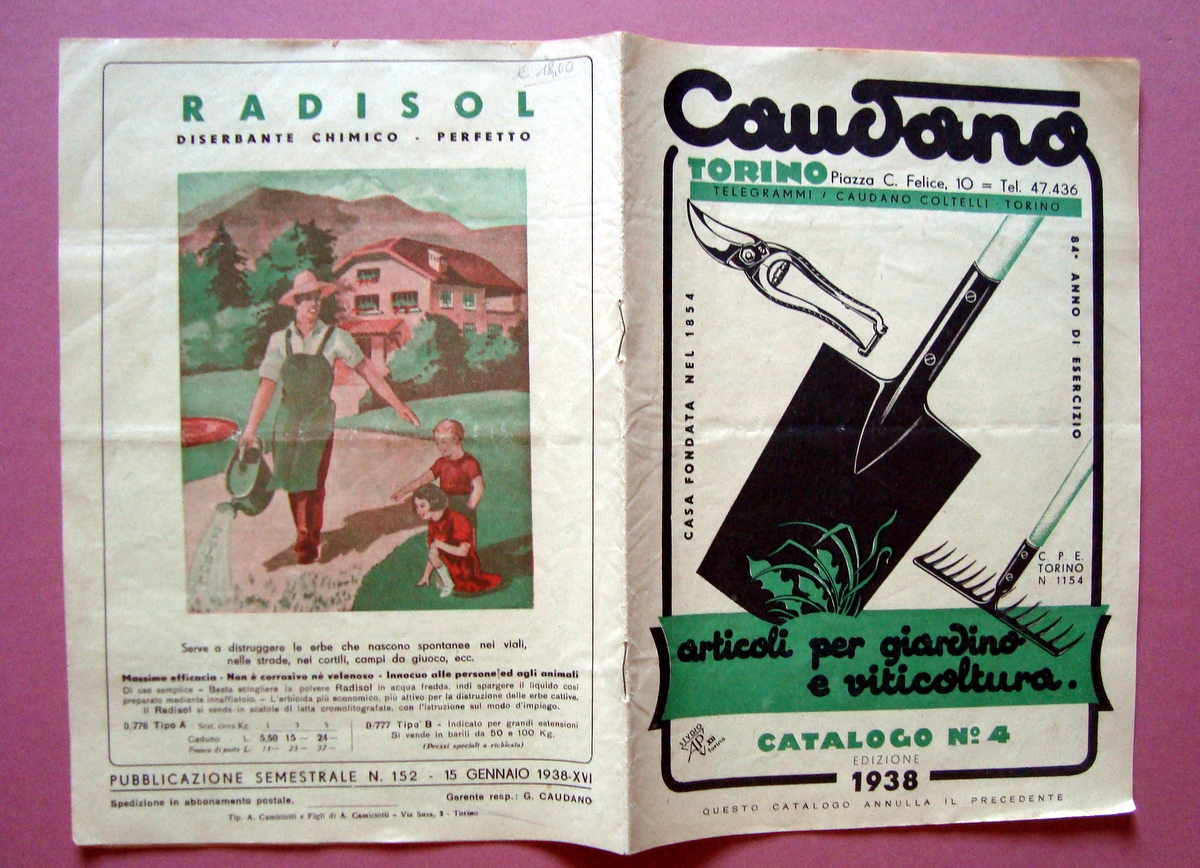 Catalogo n 4 Caudano Torino 1938 Articoli Giardino Viticoltura Tip …