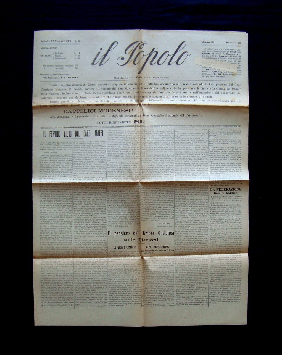 Cattolici Modenesi Gran Consiglio Nazionale Fascismo 23-4-1929 Il Popolo N.12