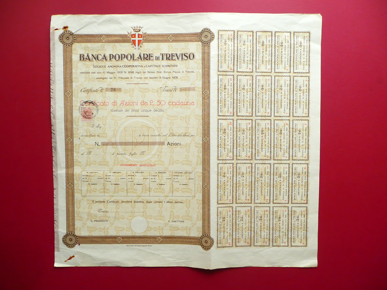 Certificato Azionario Banca Popolare di Treviso N. 76 Azioni Lire …