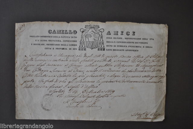 Certificato Buona Condotta Vescovo Amici Spoleto Gazzoni Ancarani Correggio 1829