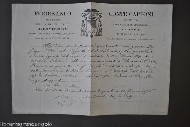 Certificato Cresima Autografo Ferdinando Capponi Vescovo Pisa Sardegna 1896