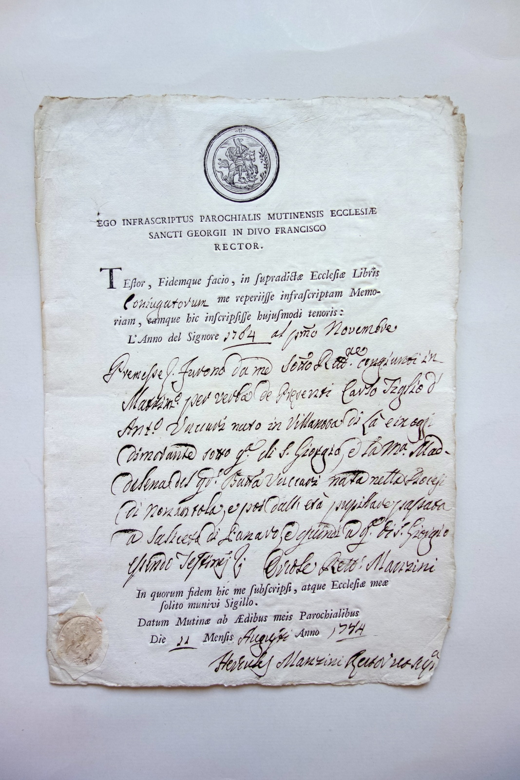 Certificato di Battesimo Chiesa di San Giorgio Modena 1774 Effige …