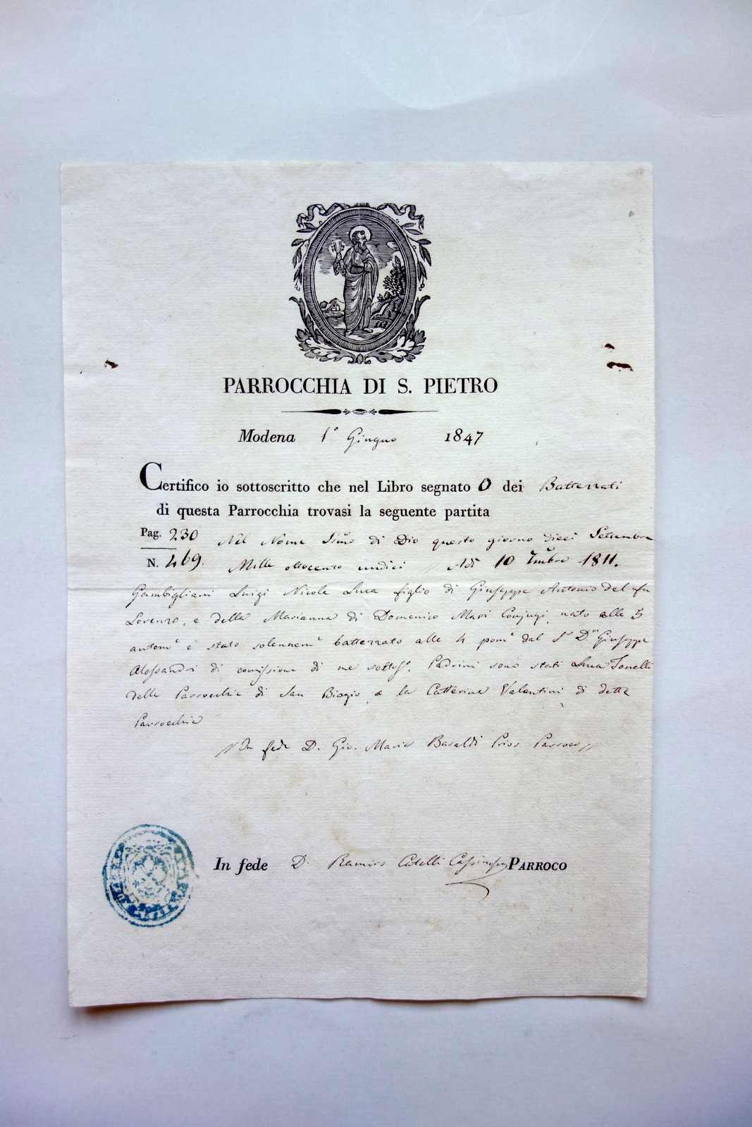 Certificato di Battesimo Parrocchia di S. Pietro in Modena 1/6/1847 …