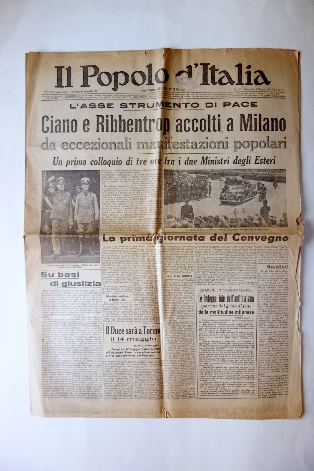 Ciano e Ribbentropp accolti a Milano il Popolo d'Italia 7/5/1939 …