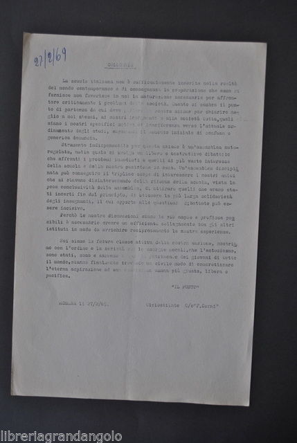 Ciclostilato Contestazione Studentesca Movimento Scuola Corni Modena 1969