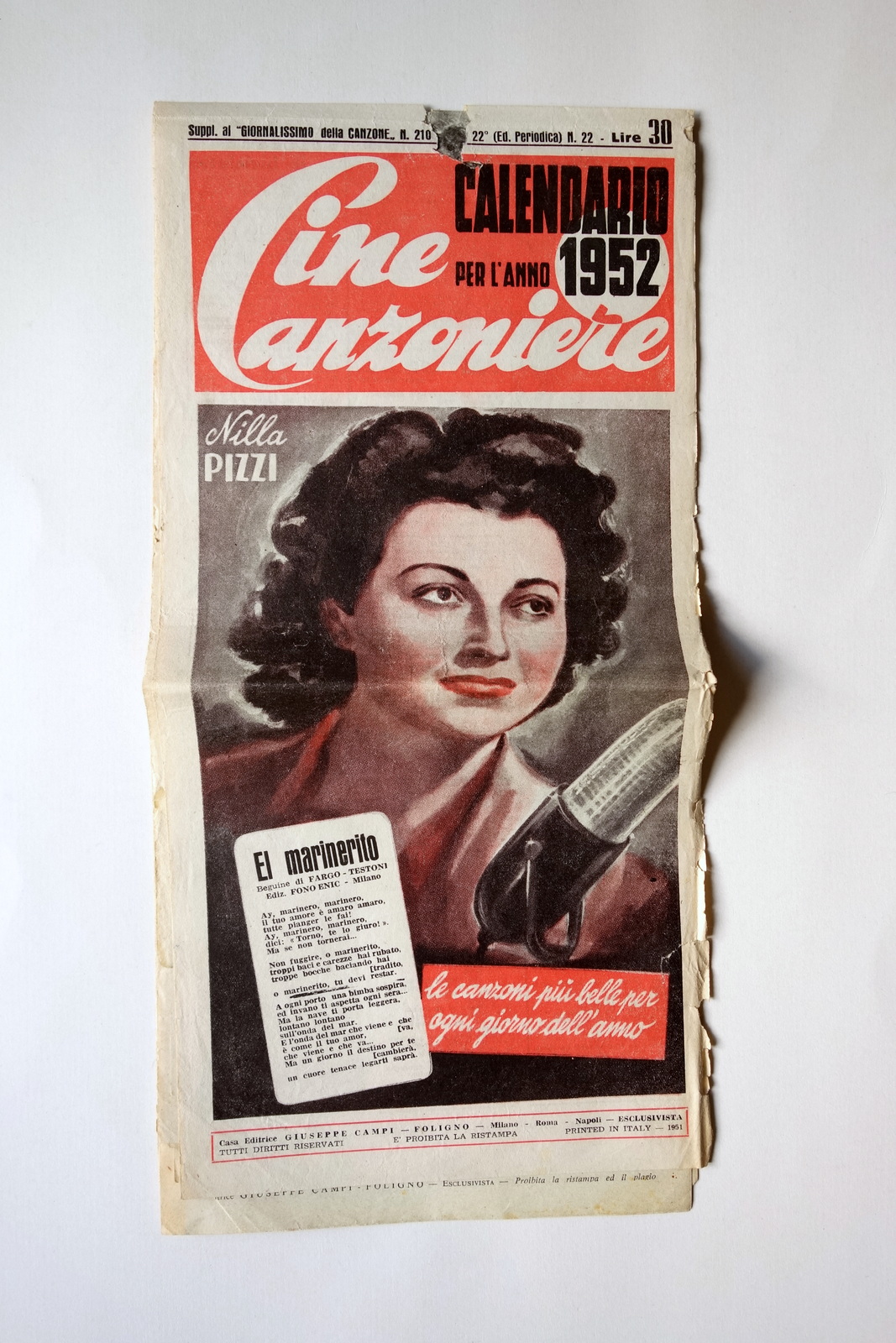 Cine Canzoniere Calendario 1952 Edizioni Campi Foligno Musica Nilla Pizzi