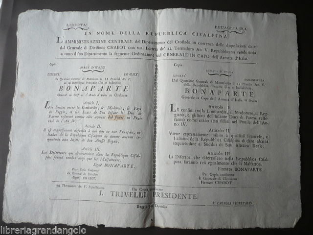 Cisalpina Grida Bilingue Bonaparte Armata Italia Montebello Confini 1797
