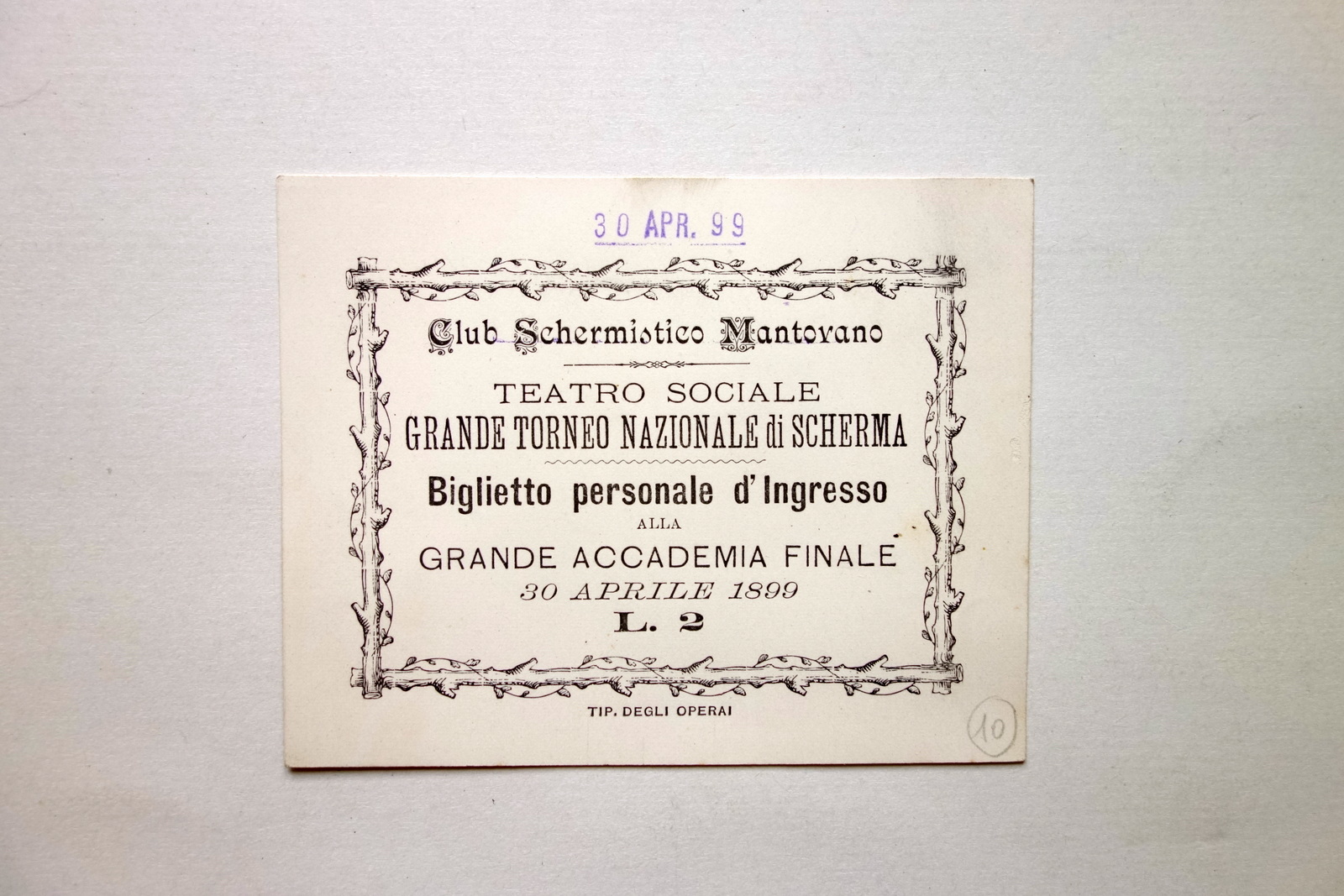 Club Schermistico Mantovano Torneo Nazionale Scherma Biglietto d'Ingresso 1899