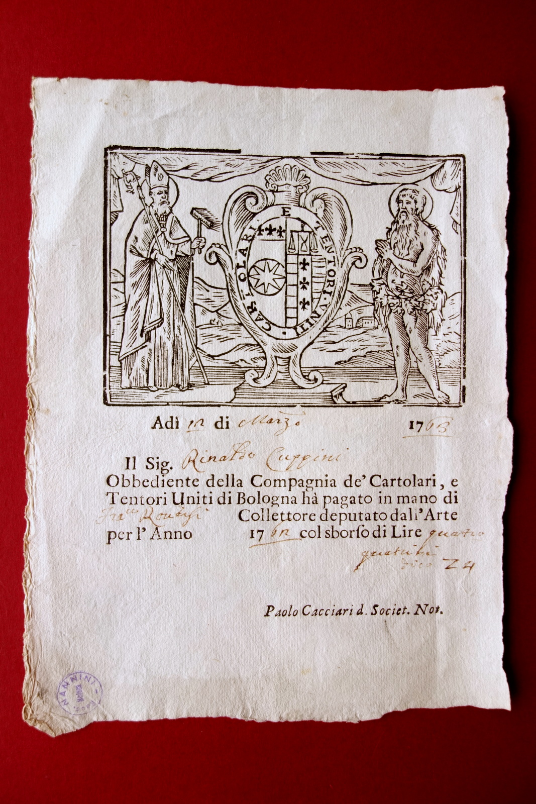 Compagnia de'Cartolari e Tentori Uniti Bologna Ricevuta Privata Xilografia 1763