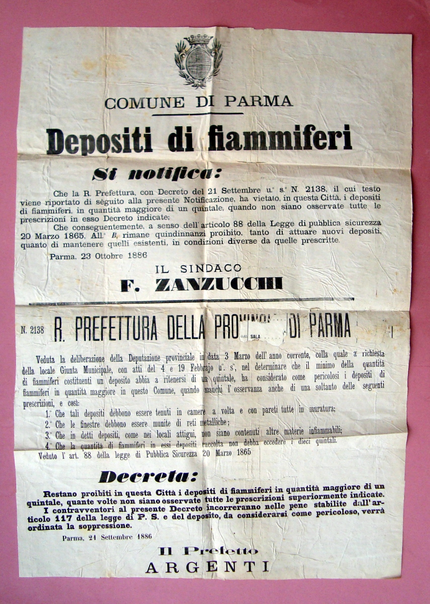 Comune di Parma Manifesto 1886 Depositi di fiammiferi disposizioni divieti …