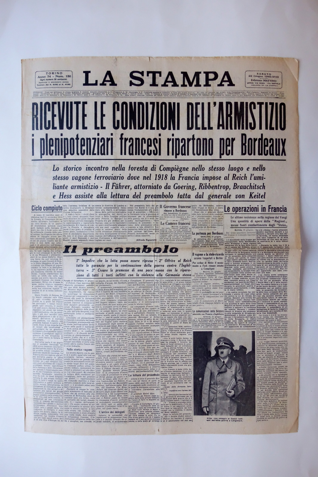 Condizioni Armistizio Plenipotenziari Francesi a Bordeaux La Stampa 22/6/1940