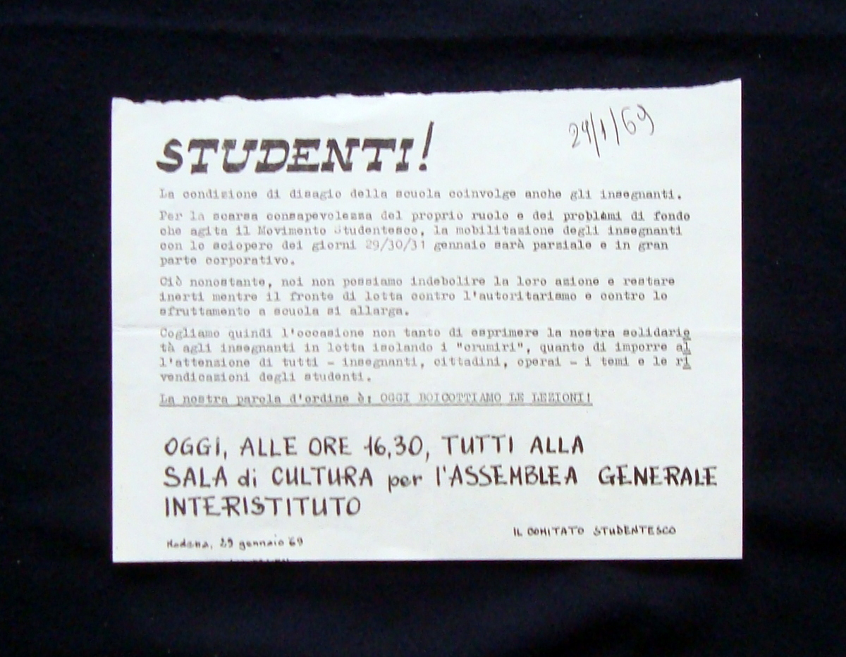 Contestazione Studentesca ciclostilato 29 1 1969 Modena Assemblea Interistituto