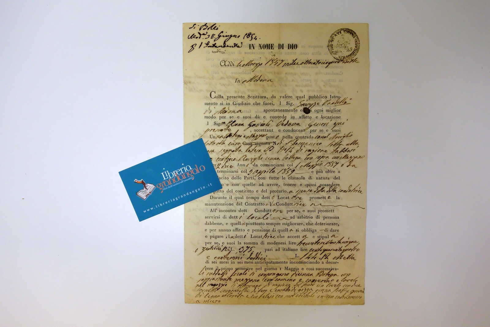 Contratto di Affitto Modena Bottega Contrada Canale Naviglio Accordi 1857