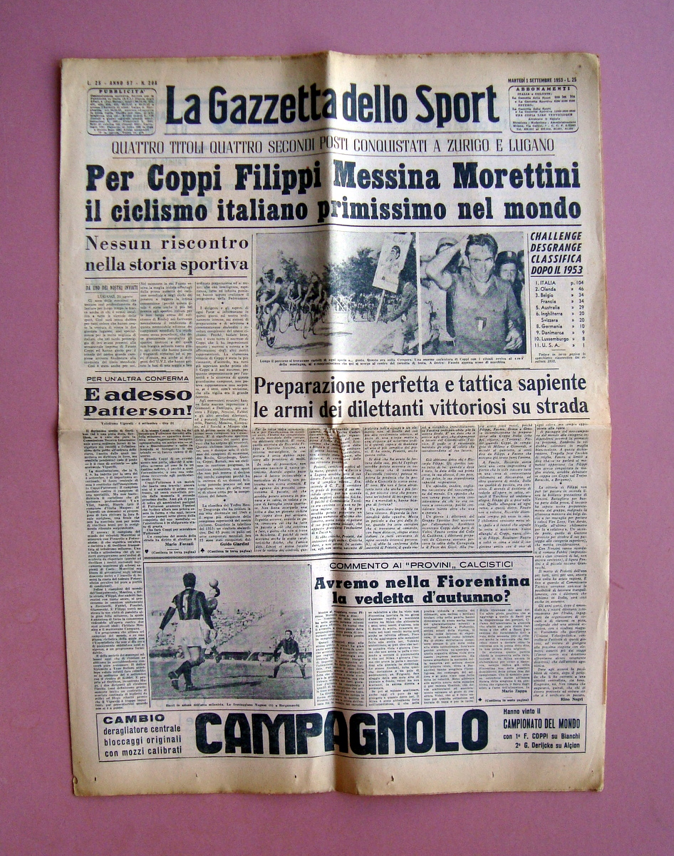 Coppi Filippi Messina Morettini ciclismo La Gazzetta dello Sport 1/9/1953 …